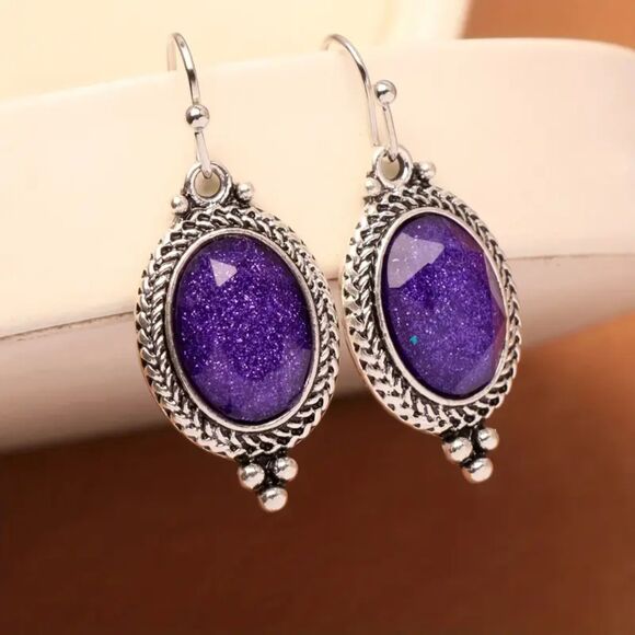 Silver Vintage Style Purple Oval Drop Earrings Dangle Pendant Fshion Jwlry Retro - Picture 1 of 6
